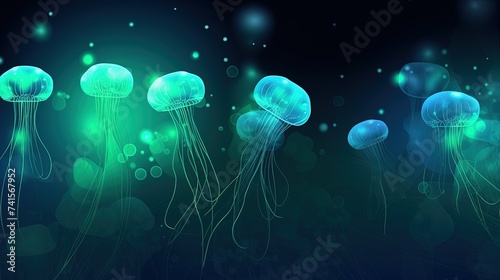 A fuzzy  chaotic background for a presentation with bright blue and green jellyfish shades. Generative AI