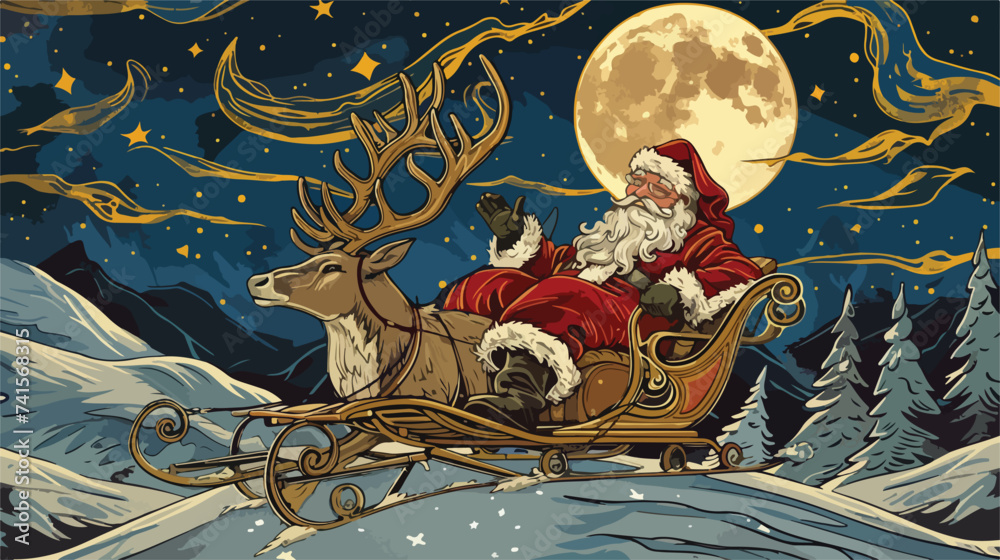 Santa claus on sledge with reindeer vector outlin