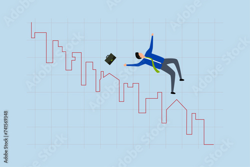 Real estate market price down chart, investor or real estate agent sliding from house and building, red plunge graph and chart
