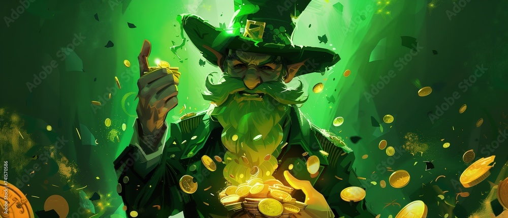 paint like illustration of a man wearing green hat with clingy gold coins fall on ground, St. Patrick day theme, idea for artistic background wallpaper, Generative Ai	
