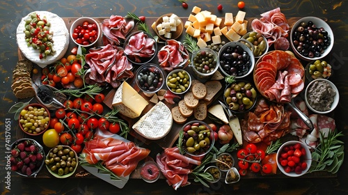 Appetizers table with different antipasti, charcuterie, snacks, cheese. Finger food for buffet party. Traditional french or italian entires. Top view photo