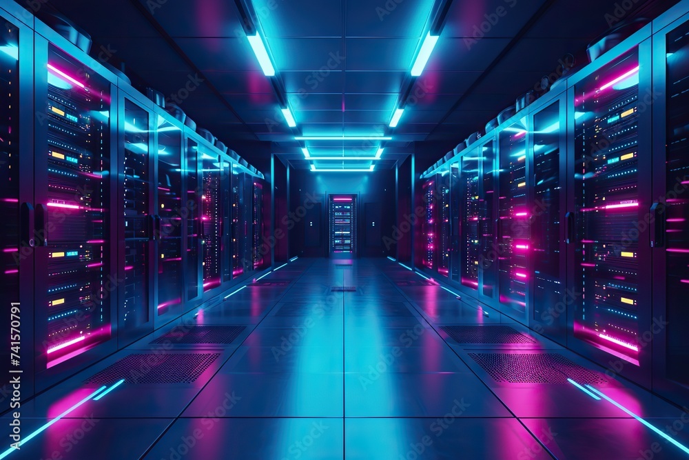 Obraz premium Neatly Organized: High-Tech Server Room Bathed in Intense Fluorescent Glow