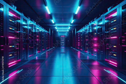 Neatly Organized: High-Tech Server Room Bathed in Intense Fluorescent Glow © Irfanan