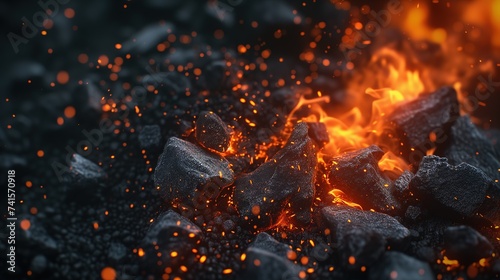 top view close up coal burning with red flame glow under ground, charcoal and coal energy fuel, Generative Ai