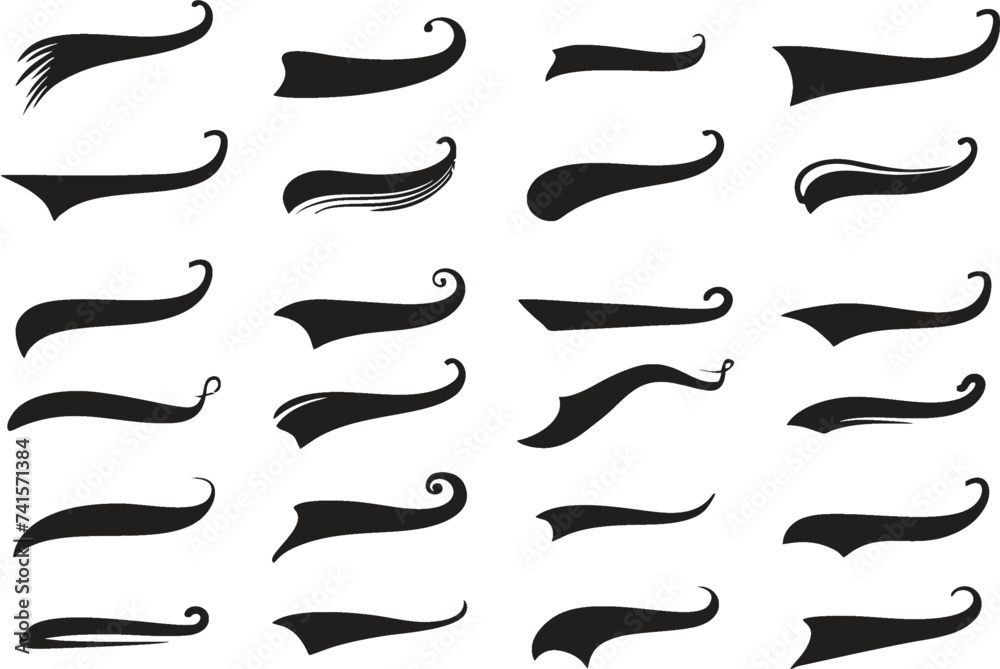 Swishes tail and swooshes collection in editable vector. Sporty swirling tail typography swashes. Swirled plume curly tails sport logo. Swish black retro style, eps 10. - obrazy, fototapety, plakaty 