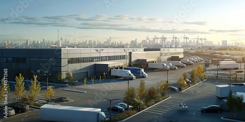 Efficient Urban Logistics Hub with Loading Docks, Delivery Trucks, and Cityscape Harmony