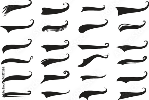 Swishes tail and swooshes collection in editable vector. Sporty swirling tail typography swashes. Swirled plume curly tails sport logo. Swish black retro style, eps 10.