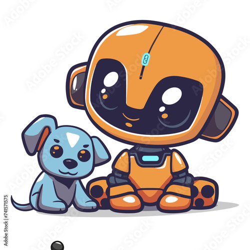 Cute cartoon robot with puppy. Vector illustration. Eps 10.