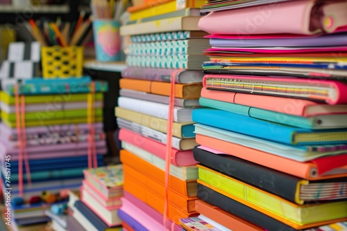 Order in Creativity: Organized Workspace with Colorful Papers, Sketchbooks, and Art Supplies Arranged Neatly
