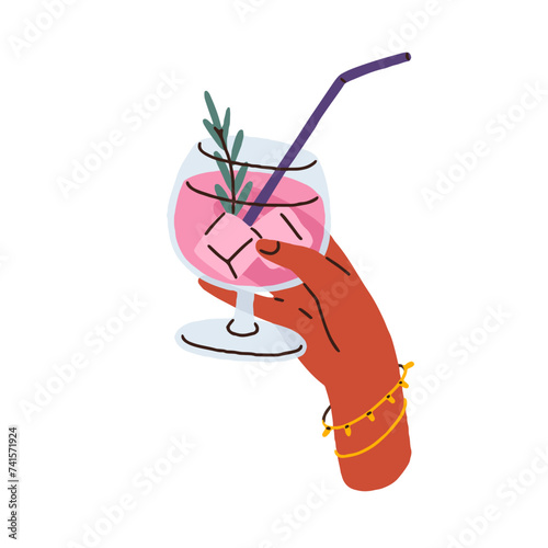 Cold cocktail in hand. Holding iced summer drink in wineglass, glass with straw. Cool refreshing beverage, lemonade with rosemary in goblet. Flat vector illustration isolated on white background
