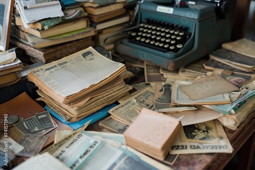 Breaking News Hub: Journalist's Desk Laden with News Clippings, Notebooks, and an Antique Typewriter © Irfanan
