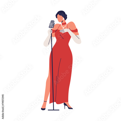 Woman singer at microphone. Female singing song. Elegant girl in dress performing. Jazz celebrity standing mic during live solo performance. Flat vector illustration isolated on white background