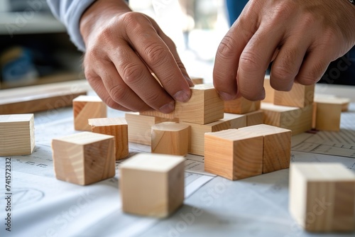 Meticulous Craftsmanship: Hands Organize Wooden Blocks, Crafting a Visual Representation of Targeted Business Concept and Development Strategy.