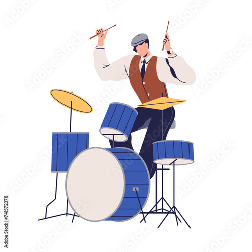 Musician playing with drumsticks at drum kit. Jazz drummer performing retro music at percussion instrument. Elegant man player, solo performance. Flat vector illustration isolated on white background