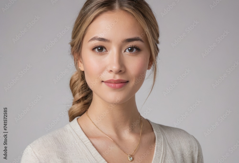 Close-up portrait of a young woman with a gentle smile, her braid and subtle makeup highlighting her natural beauty. Close-up portrait of a young woman with a gentle smile, her braid and subtle makeup highlighting her natural beauty.