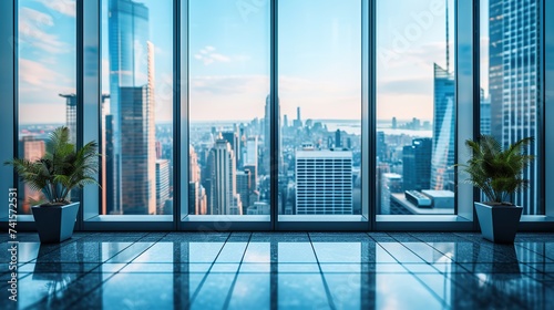 Embark on a visual journey with a defocused modern luxury office, encircled by tall glass windows, providing a panoramic view of downtown skyscrapers