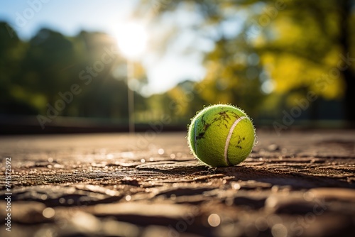 A close-up view of a tennis ball on the court, presenting an excellent opportunity for text and branding integration, making it ideal for presentations, flyers, and promotional materials photo