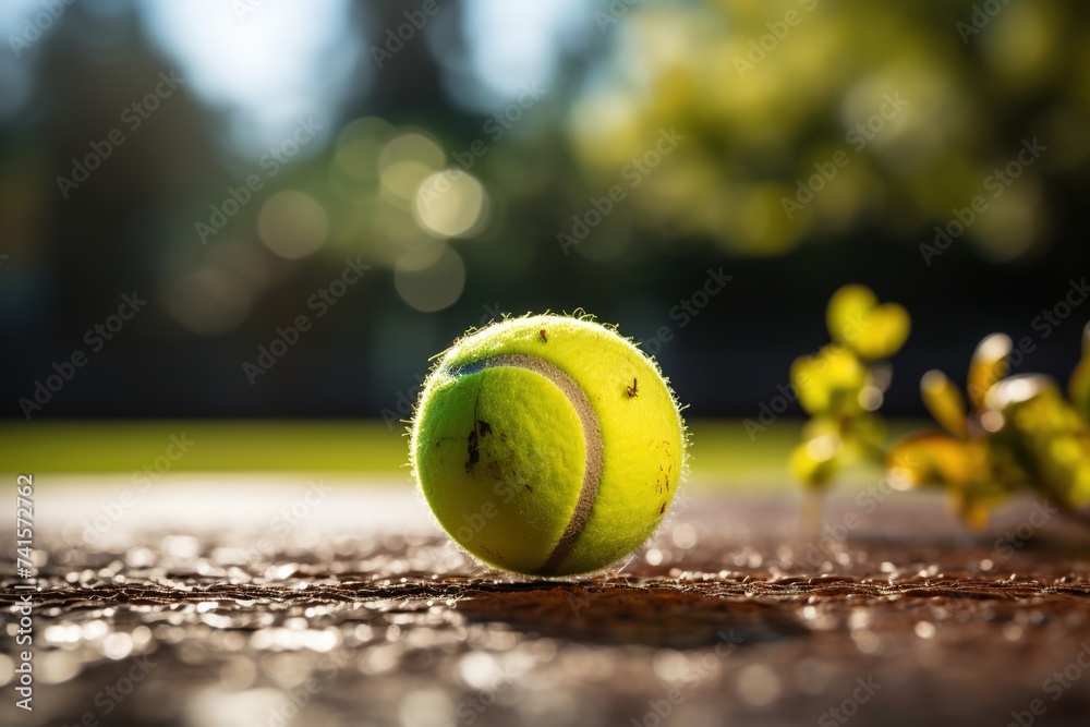 A close-up view of a tennis ball on the court, presenting an excellent opportunity for text and branding integration, making it ideal for presentations, flyers, and promotional materials