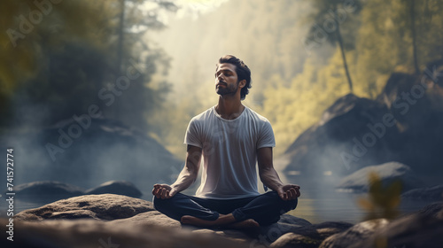 Man meditating yoga at morning mountains Travel Lifestyle relaxation emotional concept adventure summer vacations outdoor harmony with nature