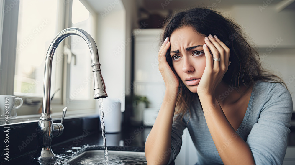 A forlorn woman at her kitchen sink looking worried about a plumbing problem - obrazy, fototapety, plakaty 