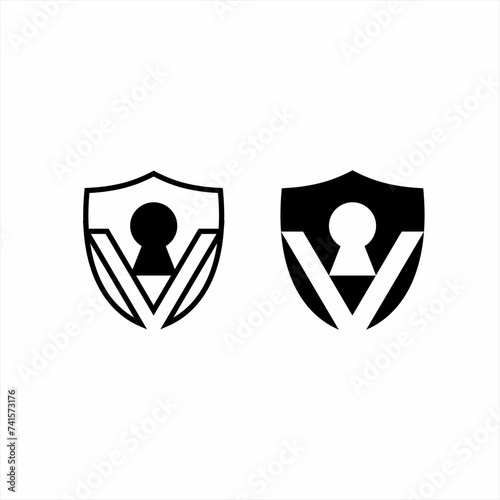 Security logo design with letter V, keyhole with shield background.