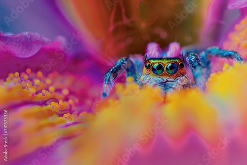 Colorful jumping spider in the lower petals  macro   contrast  close up  clear details  sharp focus  natural texture