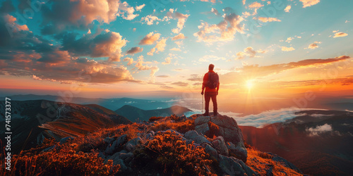 Adventurer on Mountain Peak at Sunrise. Solo traveler stands on a peak admiring the sunrise. © AI Visual Vault