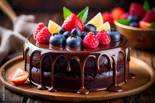 Chocolate cake beautifully decorated with raspberries and blueberries on a wooden plate. Sweet pastry dessert