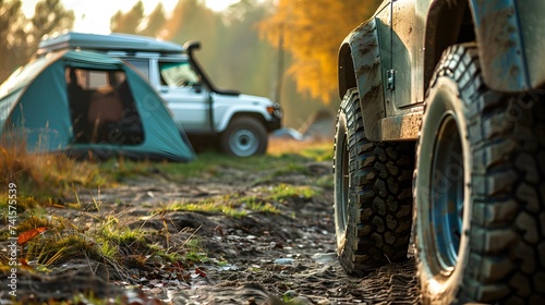 Camping tent close up concept of traveling on dirt roads on an off-road vehicle.