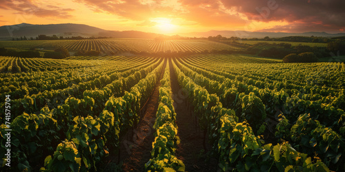 Sunrise Over Lush Vineyard.
Sun rising over rows of grapevines in a vineyard. #741575704