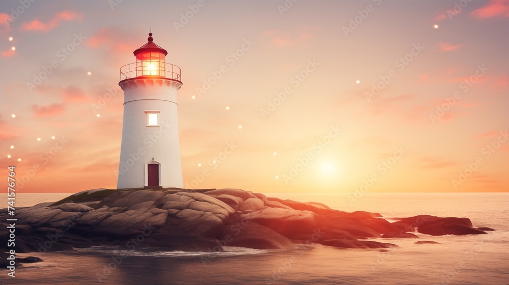 At dusk, a steadfast lighthouse stands in the sea, casting its guiding light to safely navigate ships towards the coastline, ensuring a secure journey through the evening waters.