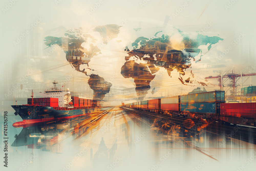 double exposure of various transportation methods - airplanes, ships, trains, trucks - with a world map, logistic elements, vector style.