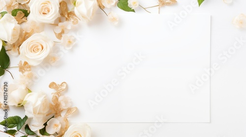 Captivating white rose blooms artistically arranged in a frame on a paper background, crafting an enchanting composition that embodies timeless beauty and artistic elegance.