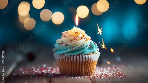 Delicious festive cupcakes with sparkler candles on table, light background © ma