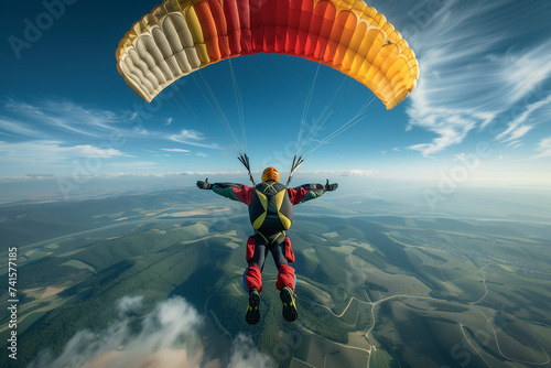 The dynamic and breathtaking view of a parachutist against the backdrop of a sprawling landscape below.