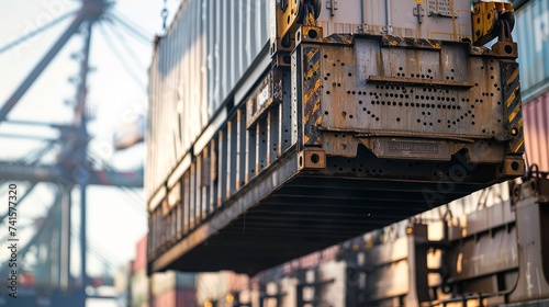 Rustic cargo container suspended by a crane in an industrial port.