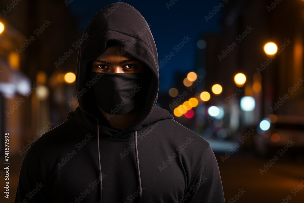 A criminal man wearing black hoodie and ski mask on a street