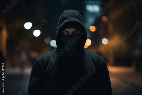 A criminal man wearing black hoodie and ski mask on a street