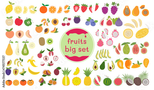 Fruit and berries illustrations pack in flat design. Big set of fruit for stickers in simple style. photo