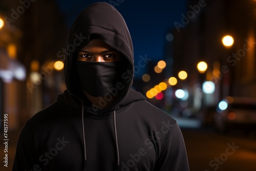 A criminal man wearing black hoodie and ski mask on a street