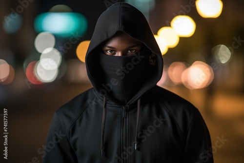 A criminal man wearing black hoodie and ski mask on a street photo