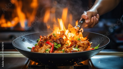 Close-up of the chef's hands cooking over a fire in the professional kitchen of the restaurant.