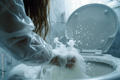 Overhead view of woman in white shirt unclogging toilet filled with soap suds, domestic routine in marble bathroom. photo