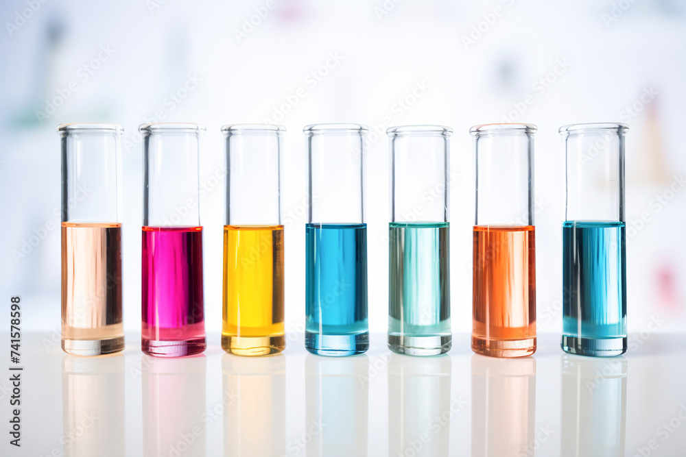 Colorful liquids in glass containers on a light table, suitable for scientific study, experiments, or medical analysis. Colorful liquids in glass containers on a light table, suitable for scientific study, experiments, or medical analysis.