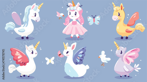 Magic animal set. Fairy little princess with wing