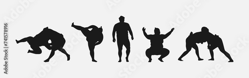 collection of silhouettes sumo wrestling with different pose, gesture. isolated on white background. vector illustration.