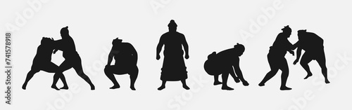 collection of silhouettes sumo wrestling with different pose, gesture. isolated on white background. vector illustration.