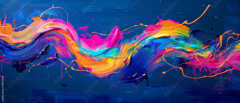 Vibrant neon paint flowing dynamically across a dark blue backdrop.