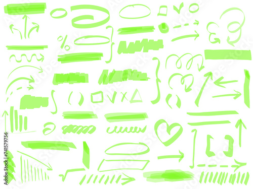 Light green hand drawn highlighter set. Vector hand drawn graphic stylish elements. Marker pen highlight underline strokes.