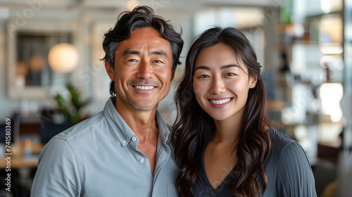 A asian confident and handsome businessman with a friendly smile with A asian confident and bueatiful businesswoman with a friendly smile, standing together .